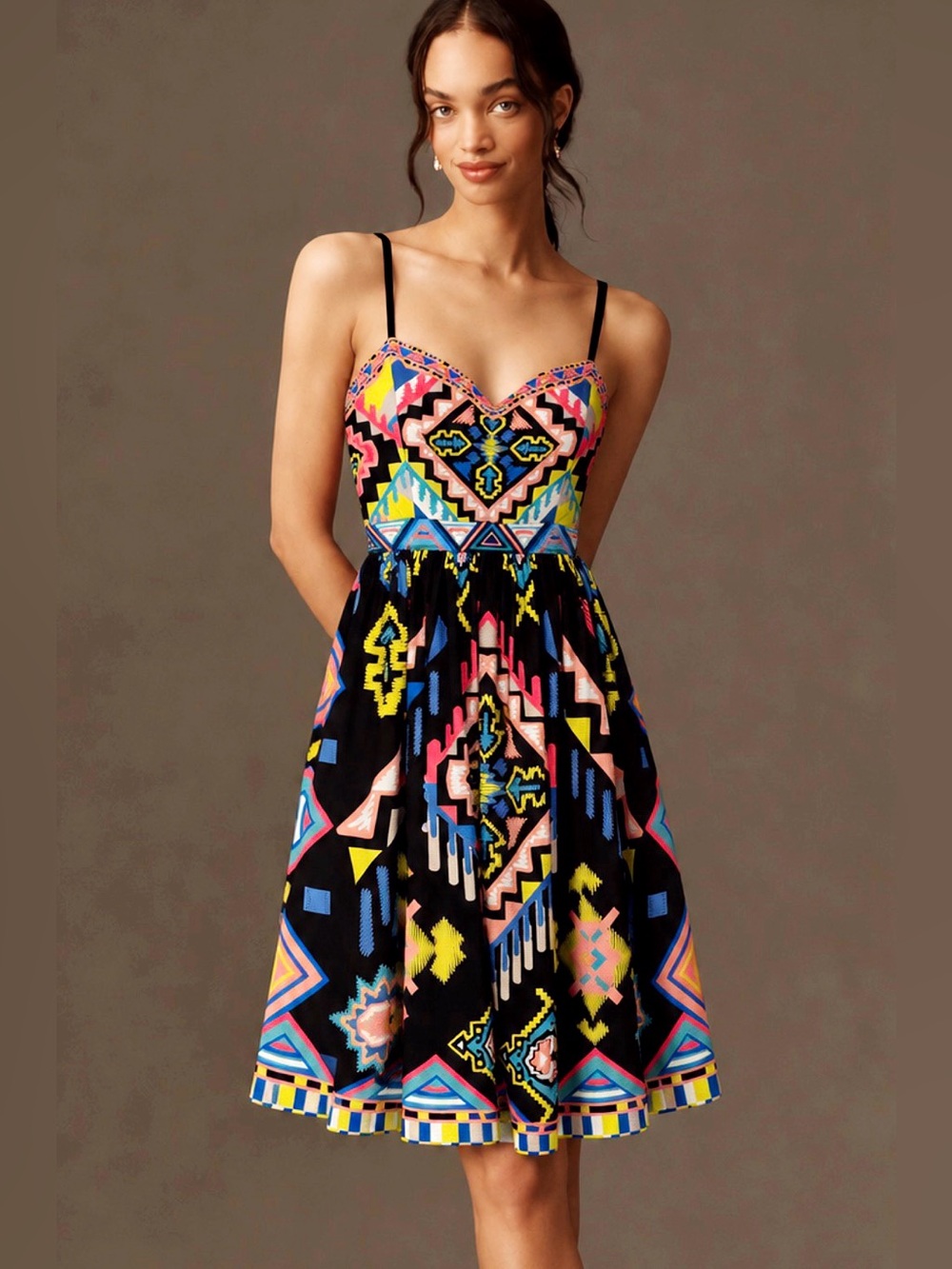 ✨ Champagne & Strawberry Aztec Print Spaghetti Strap Dress – Medium ✨